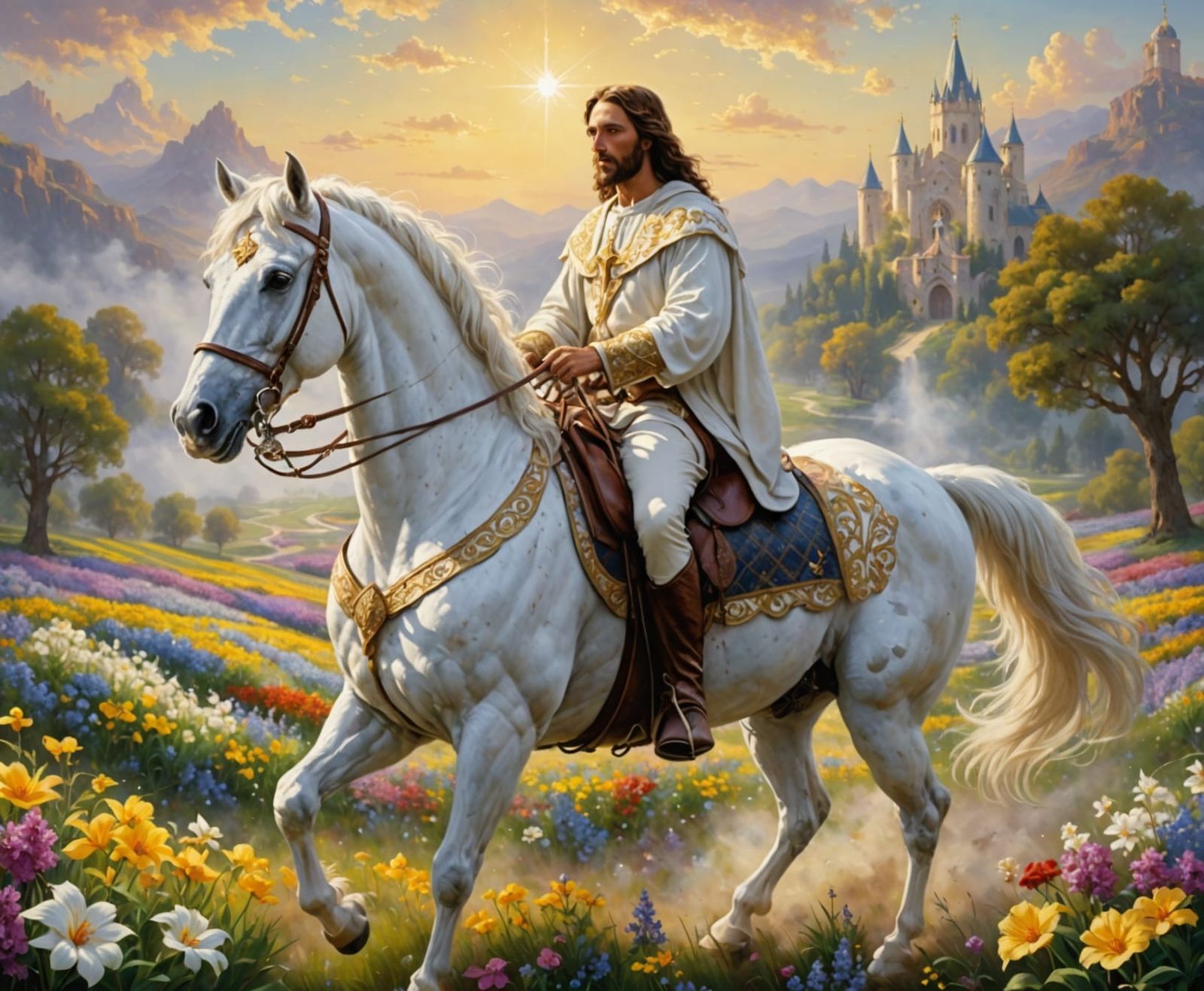 Horse prancing impatiently around while arching his neck. Jesus has loving look in His eyes.