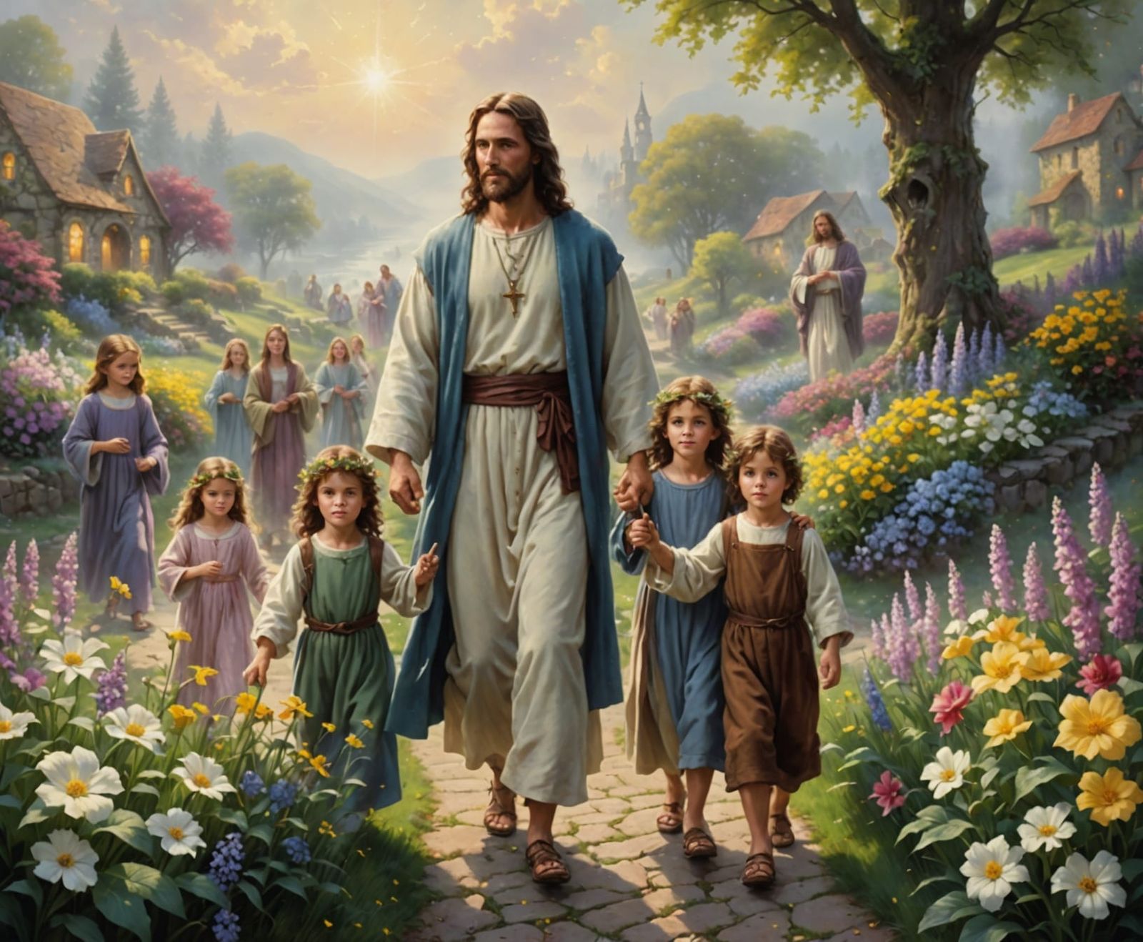 Jesus and children walking and smiling.