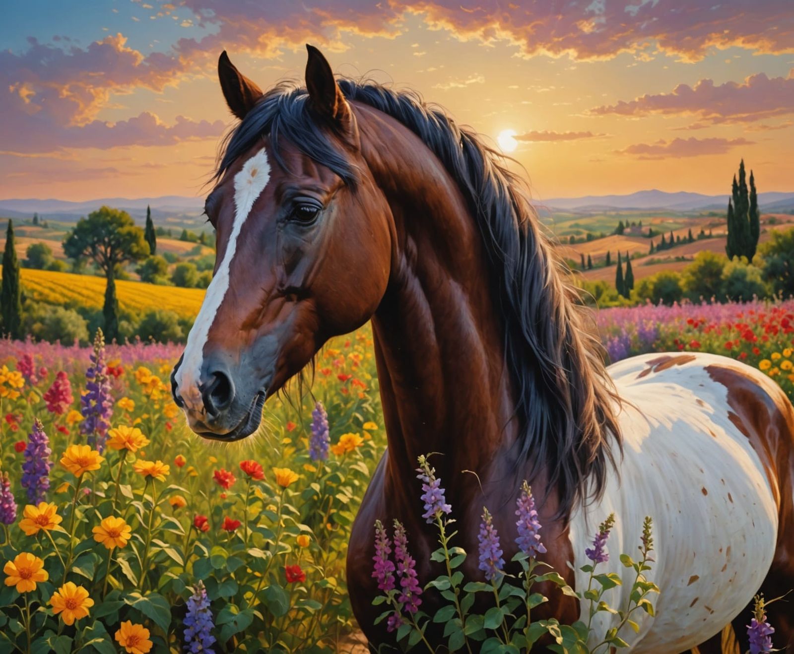 Horse smelling flowers.  His mane blowing in the wind.
