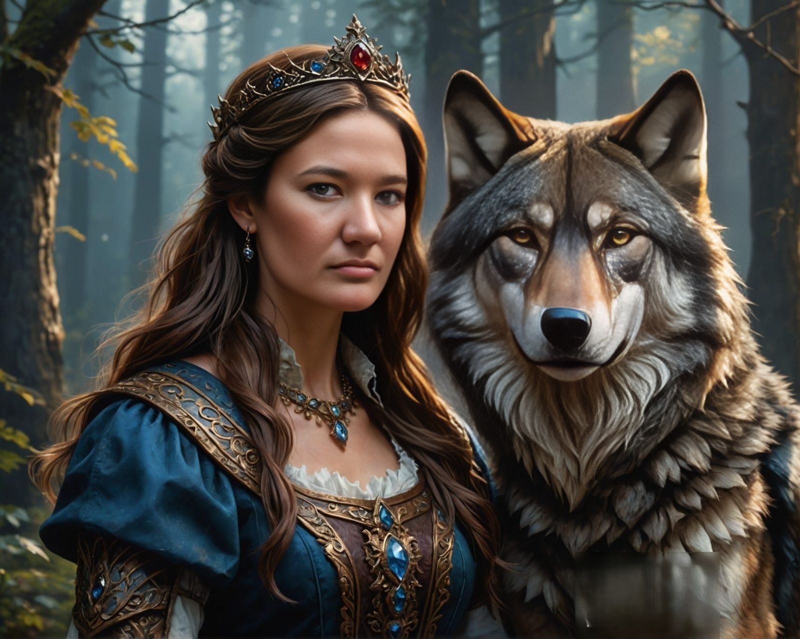 Queen smiling and stroking her wolf.