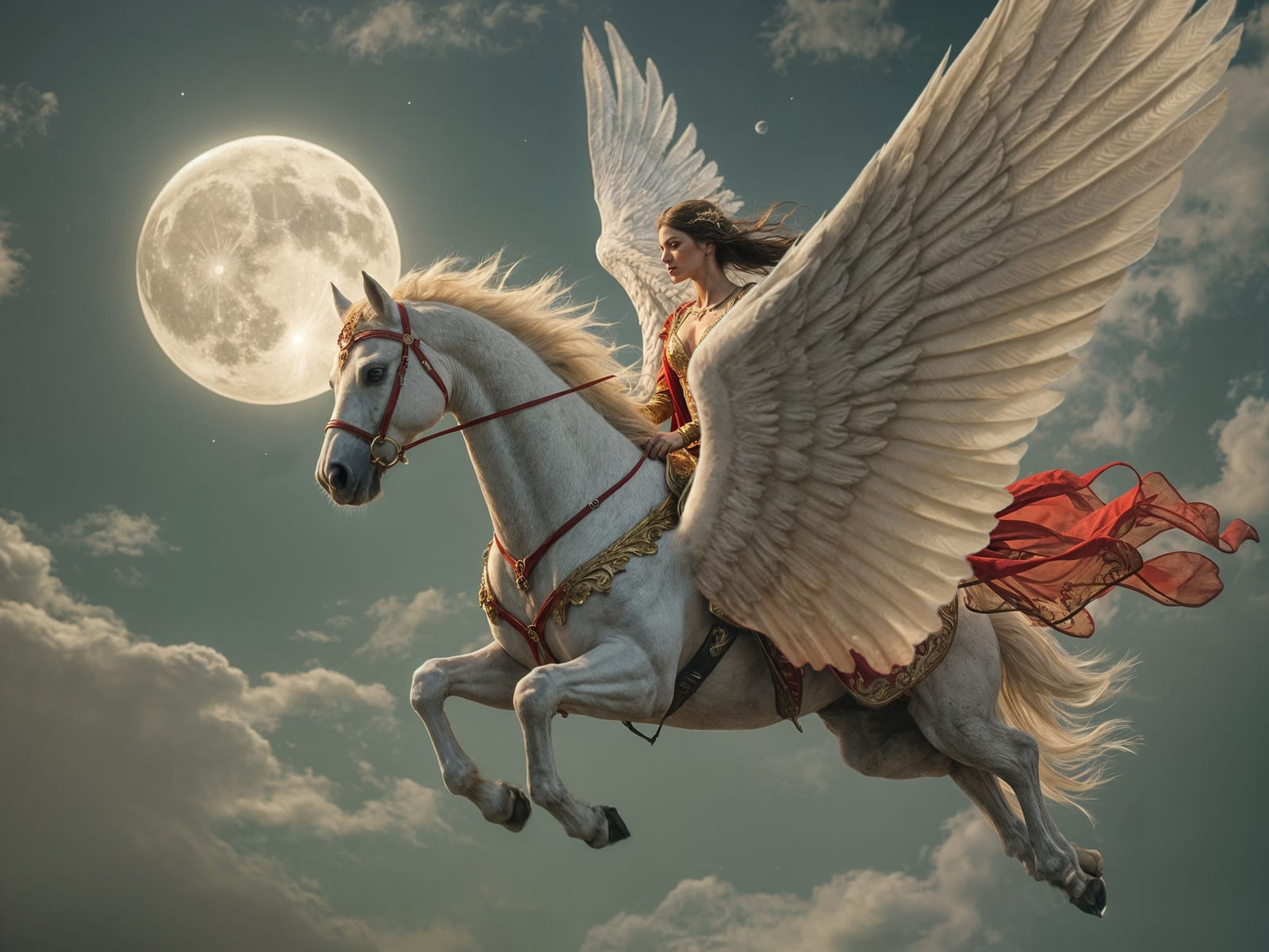 Wings moving elegantly as the horse fly through the sky. Camera follow the horse
