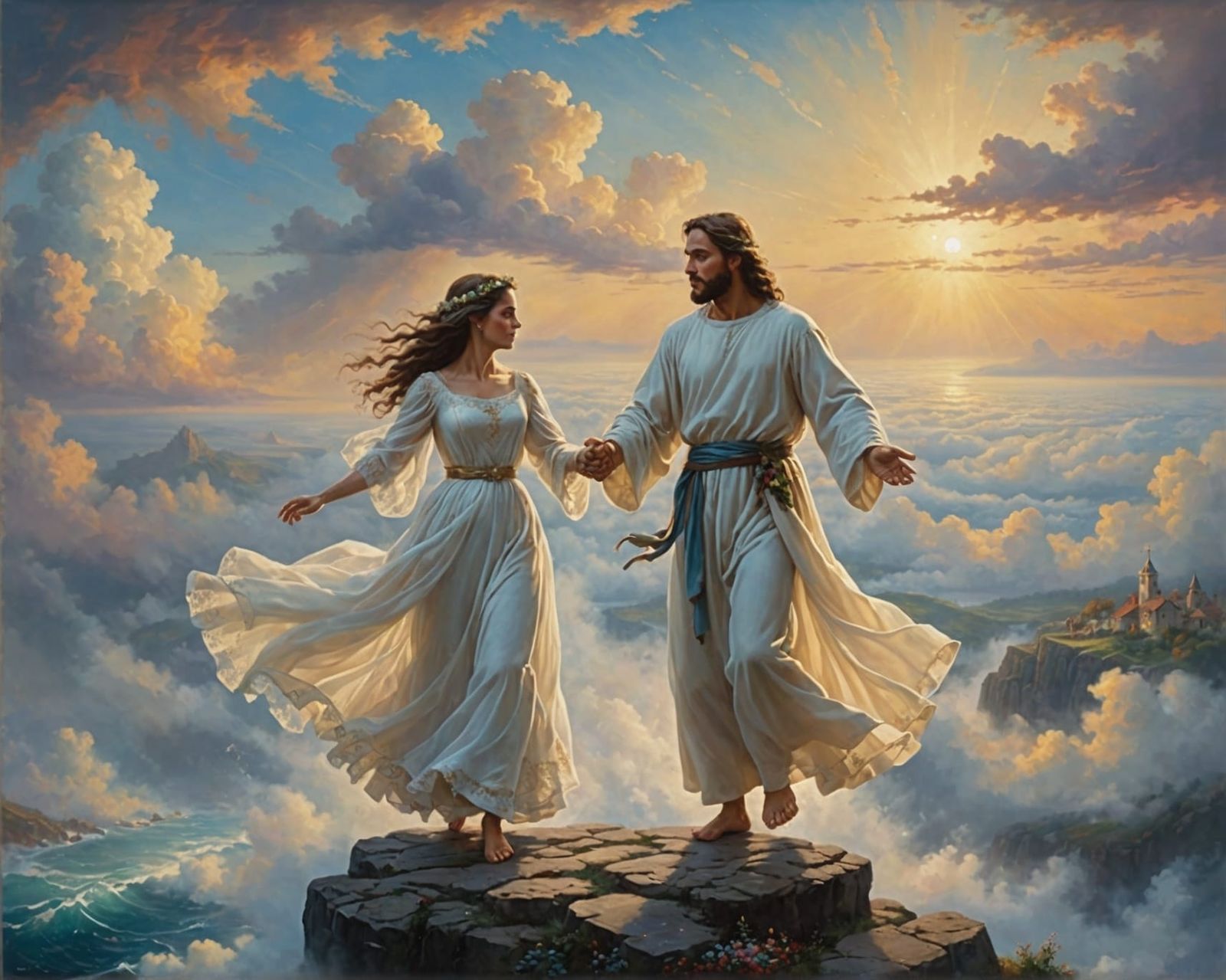 Jesus and bride dancing.  They are happy.