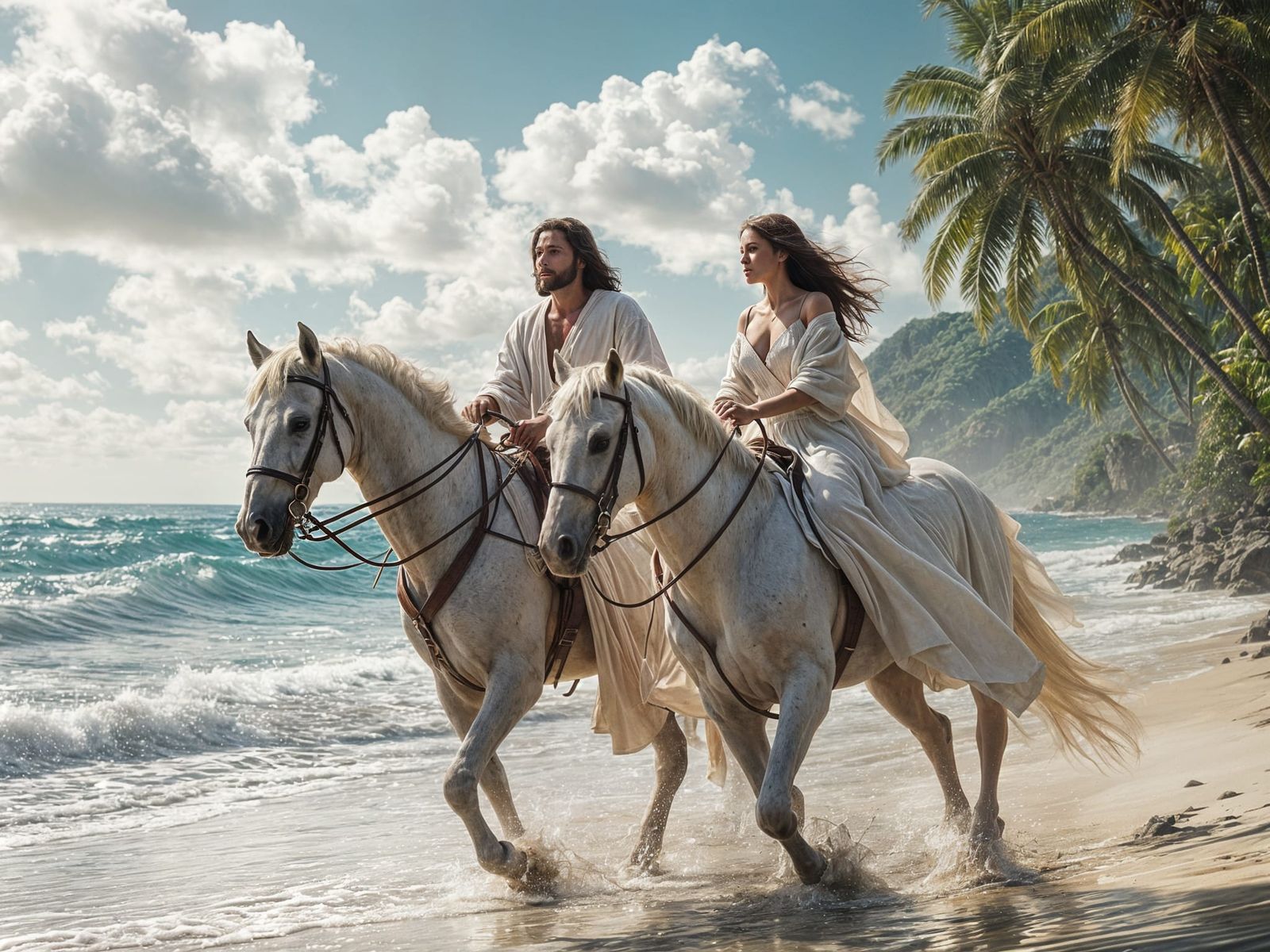 Horses trotting through the water.  Jesus and woman are happy. Camera follow them.