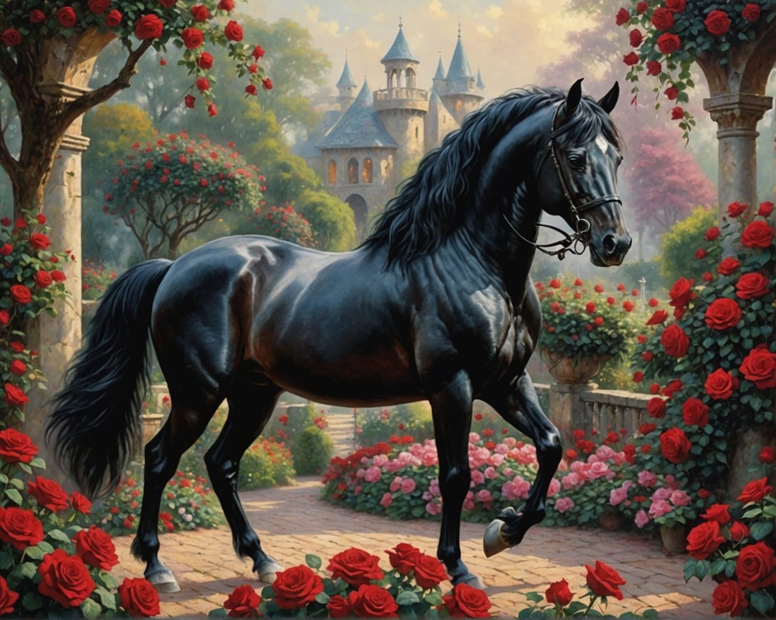 Horse trotting around between the roses while turning around.