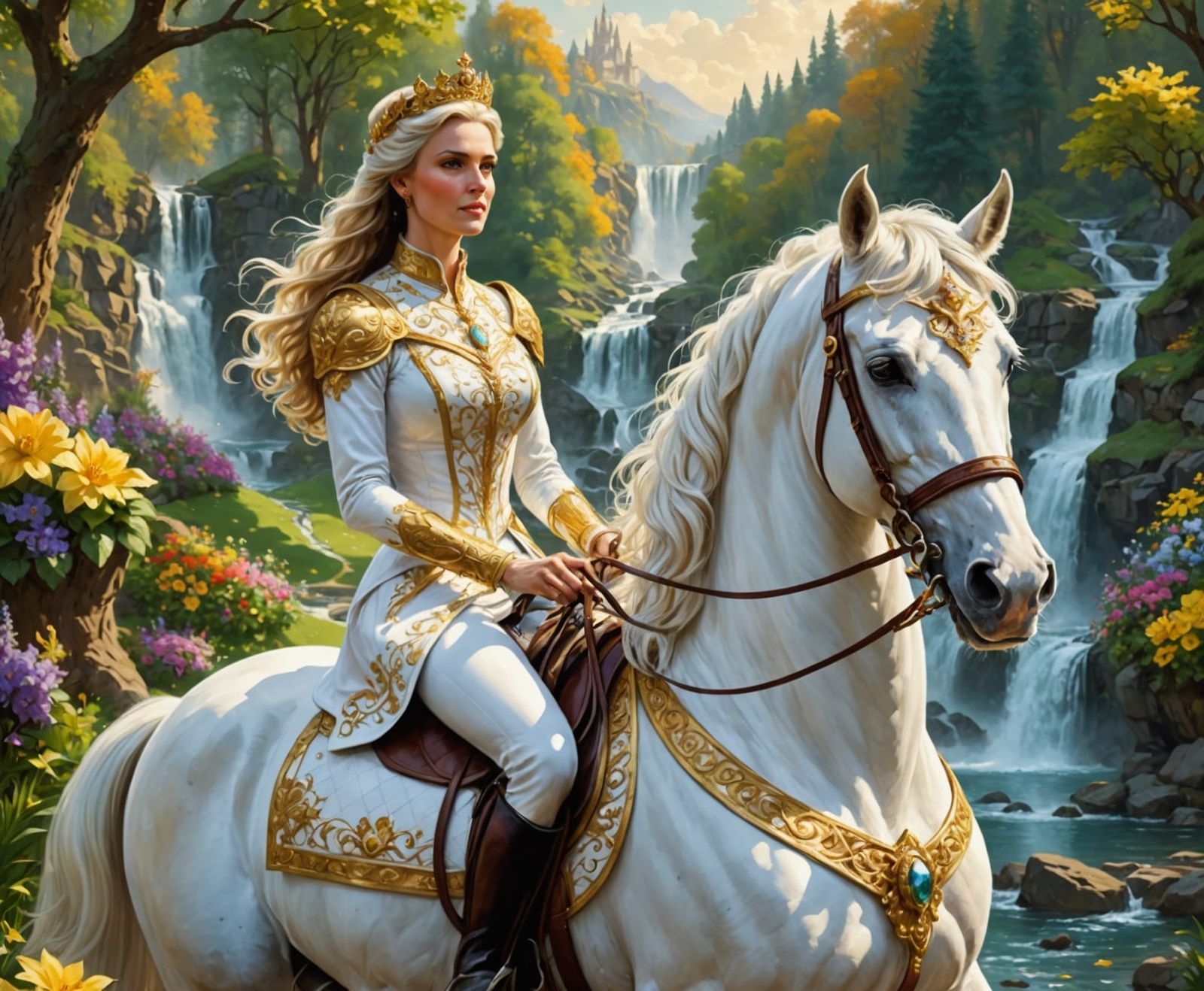 Queen slightly smile.  her hair waving.  Horse start walking.  camera follow them.