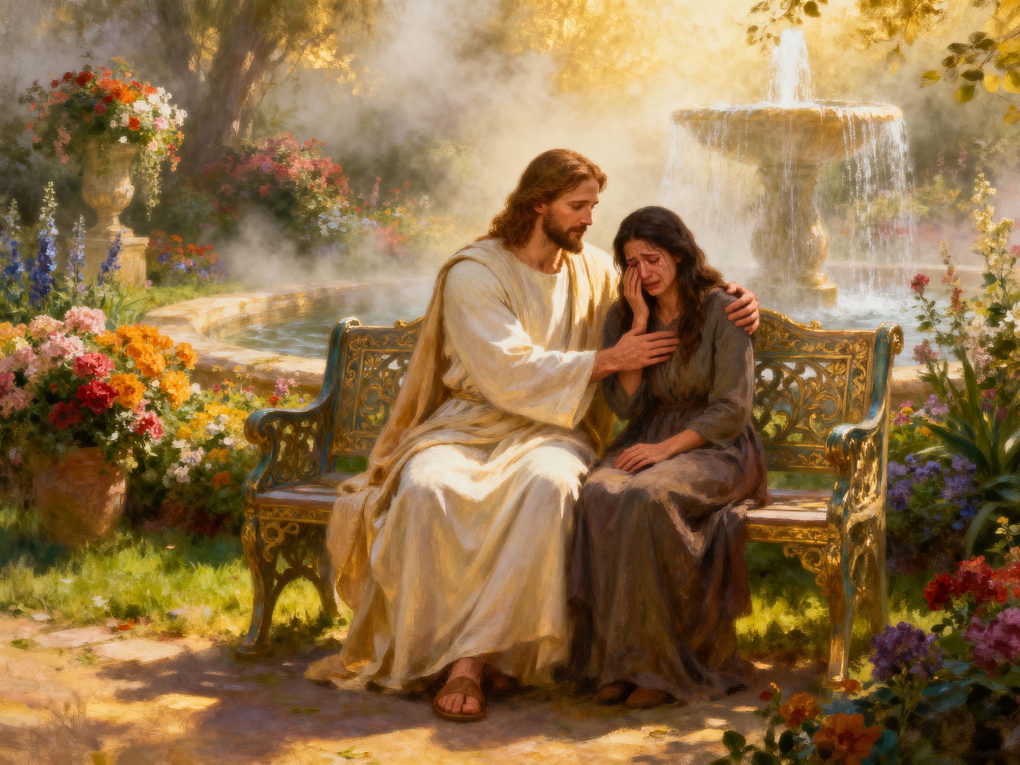 The crying woman leans against Jesus as He comforts her.