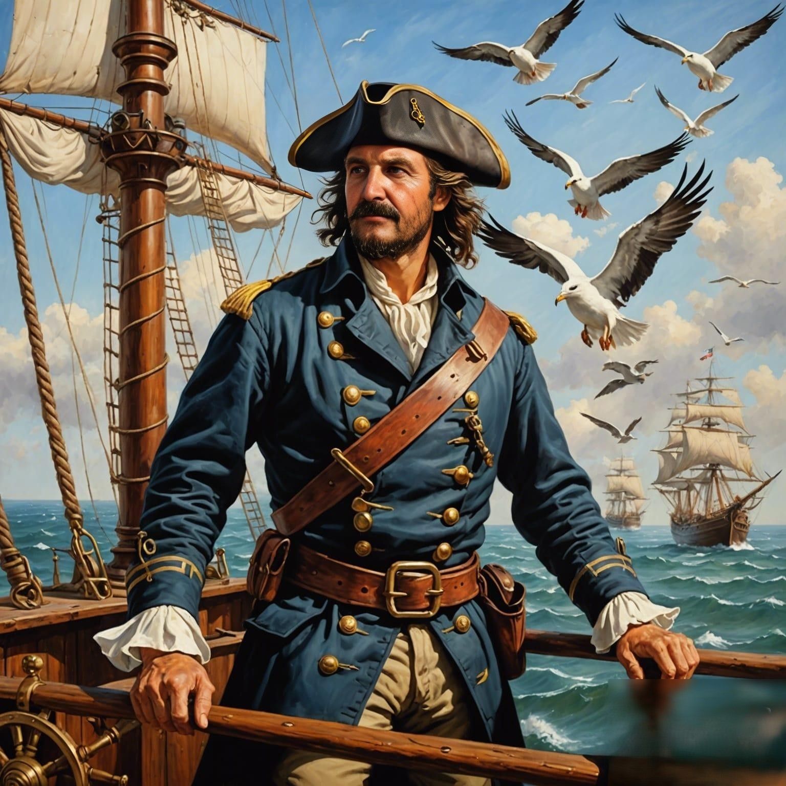 Gulls flying near captain.  boats sailing.