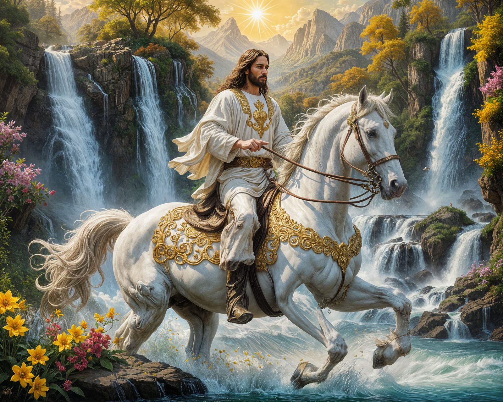 Horse trotting impatiently around through the water lifting its legs high. Horse turning slightly towards the camera.   ...