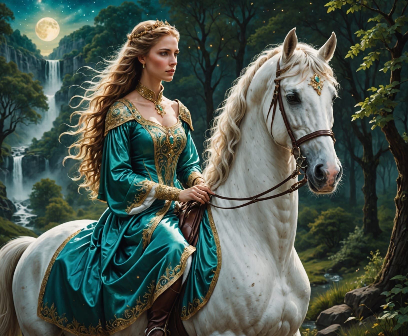 Horse is excited arching his neck.  His mane and tale waving in the wind.  Queen's slightly smile and her hair waving in the wind.  
