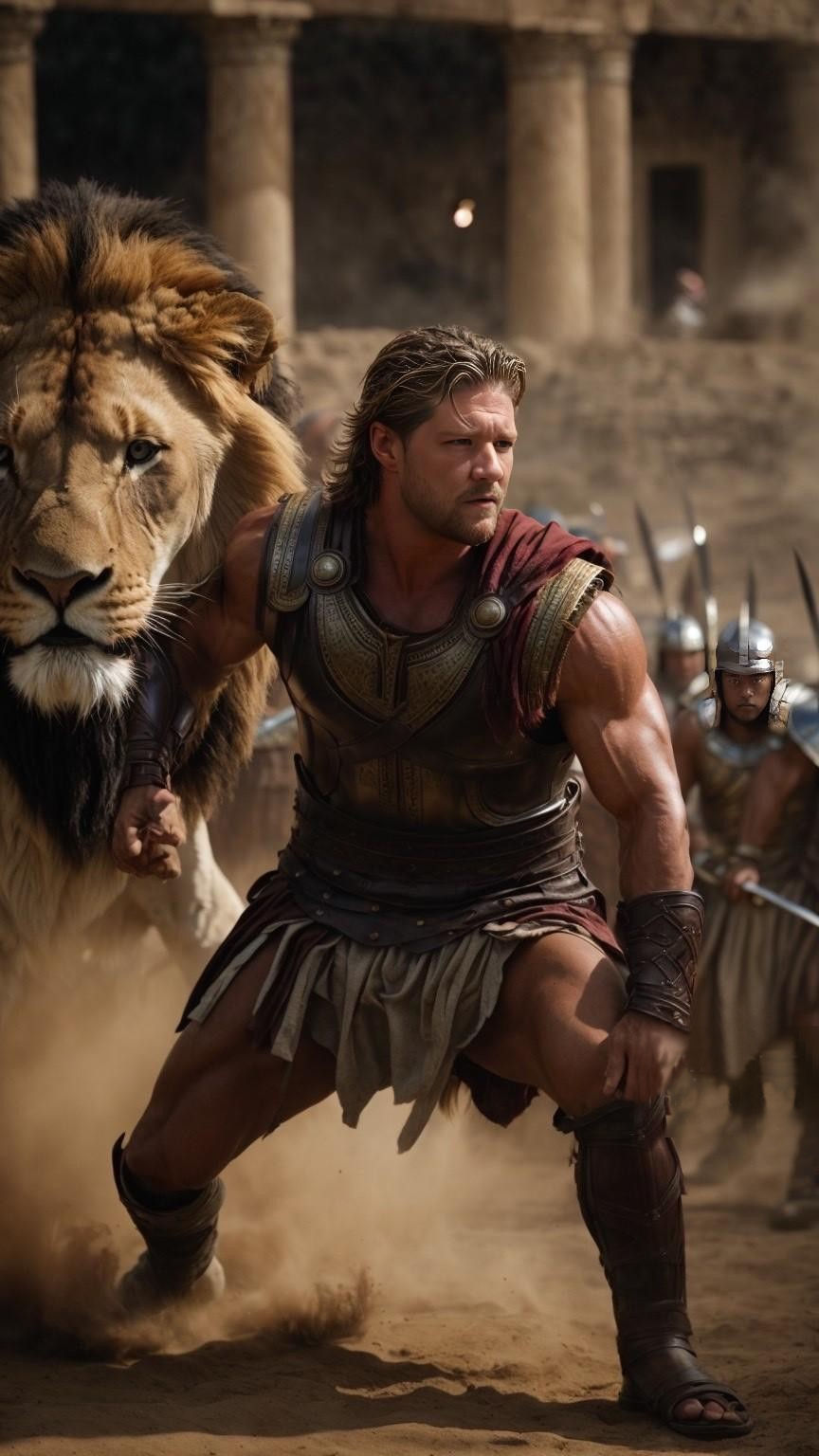 The Warrior and the Lion is turning to fight against the soldiers in the background.