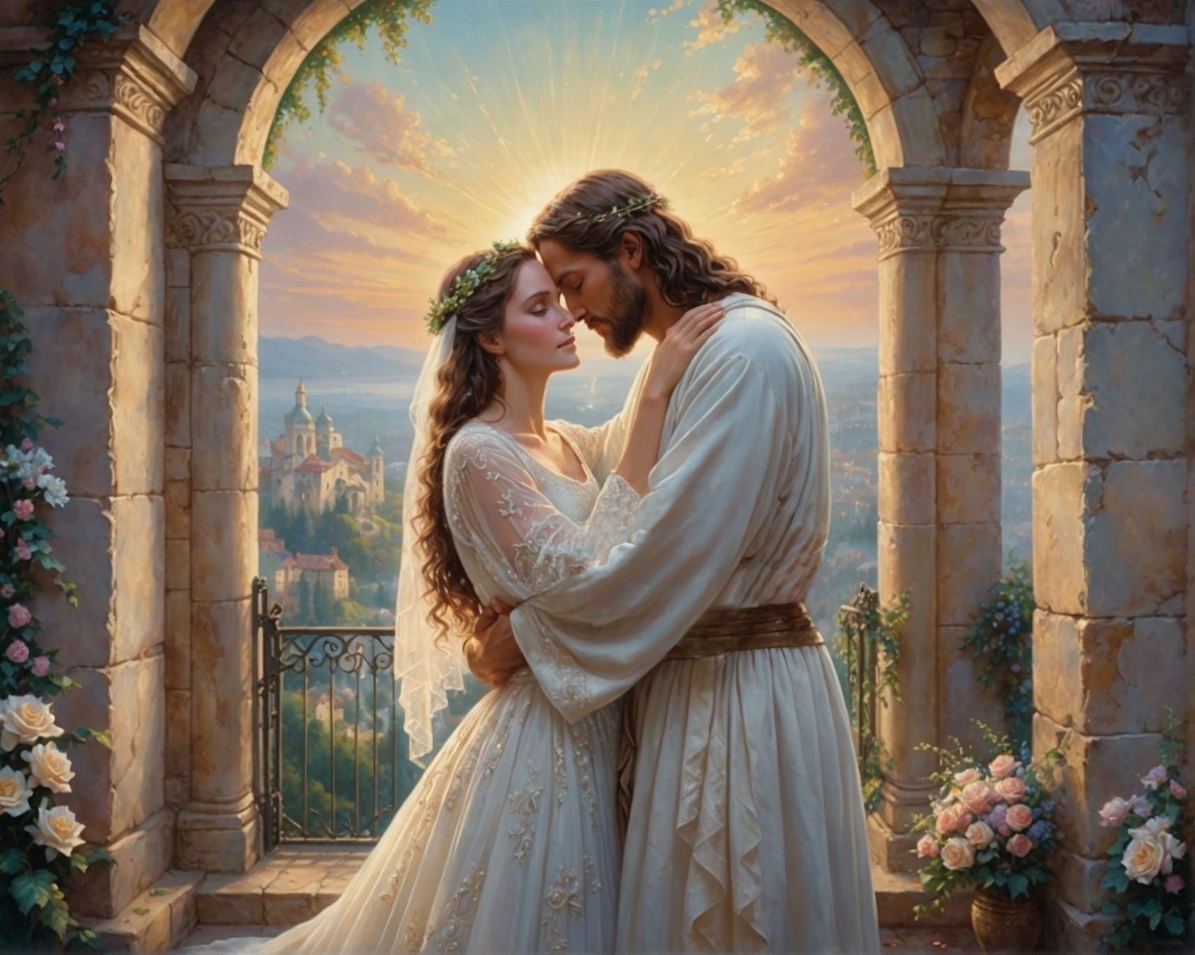 Bride Leaning against Jesus chest. They are smiling.  