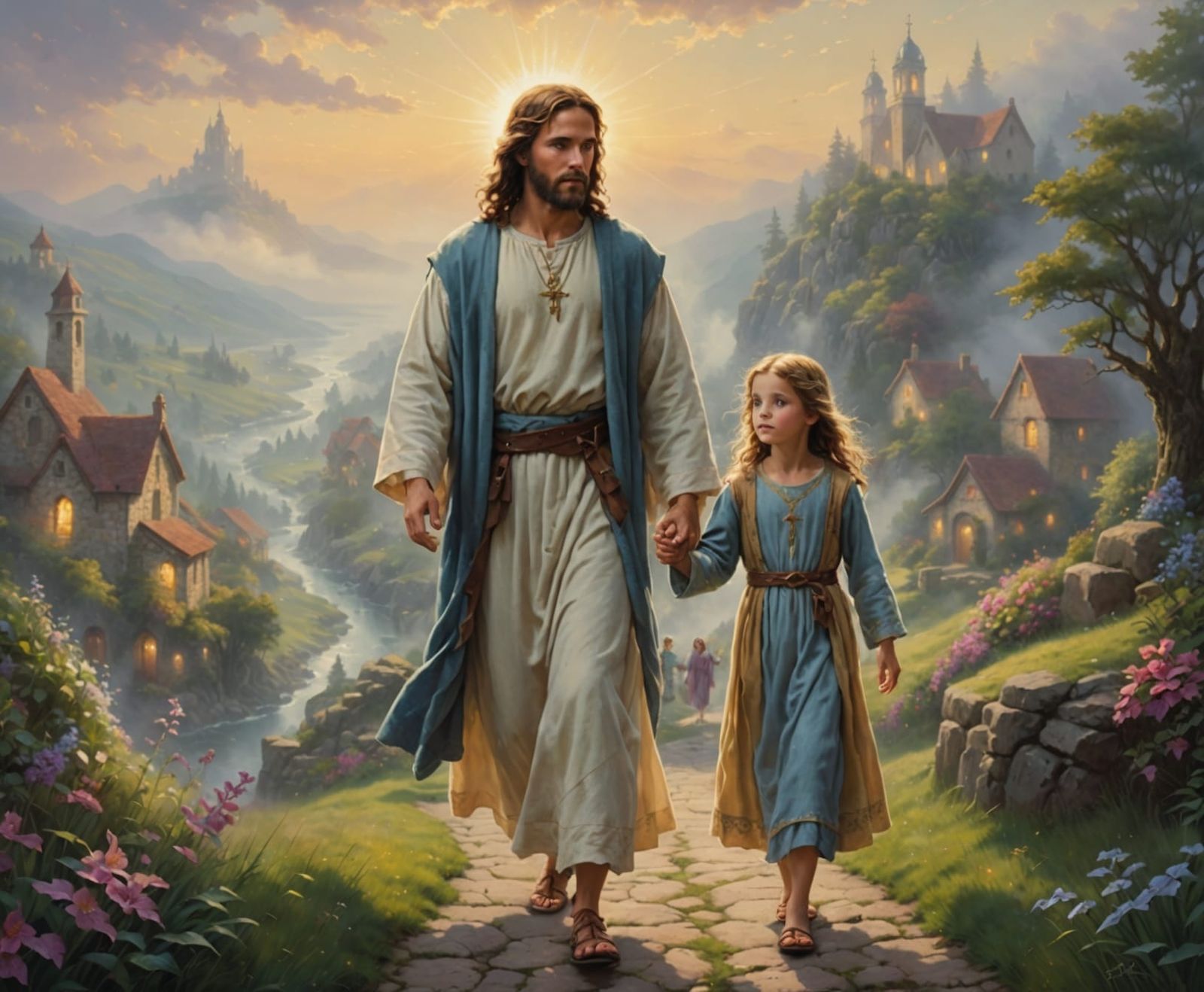 Jesus and girl walking and talking.