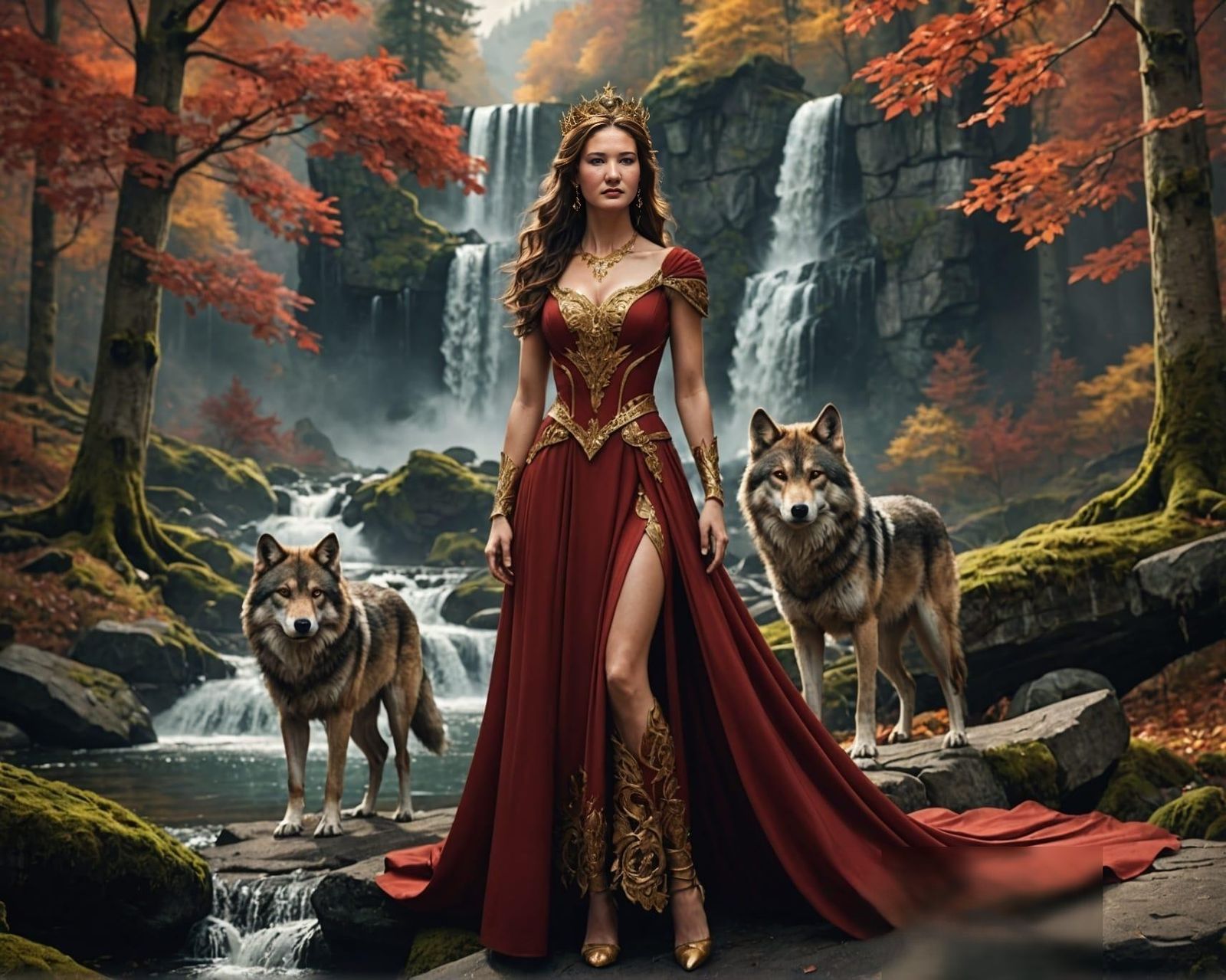 wolfes walk up to Woman. she lovingly stroke one of them.