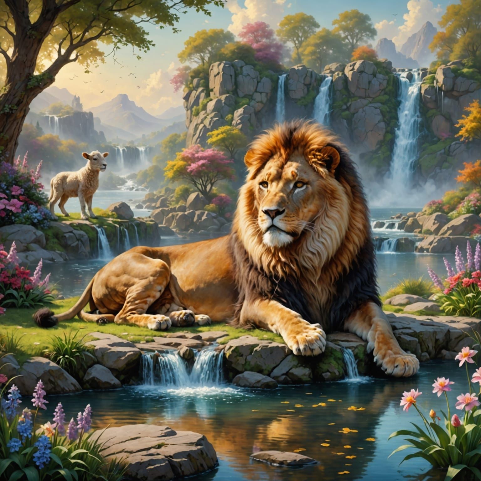 Lamb walking towards the lion over the rocks.  Lion is carm and peacefull.