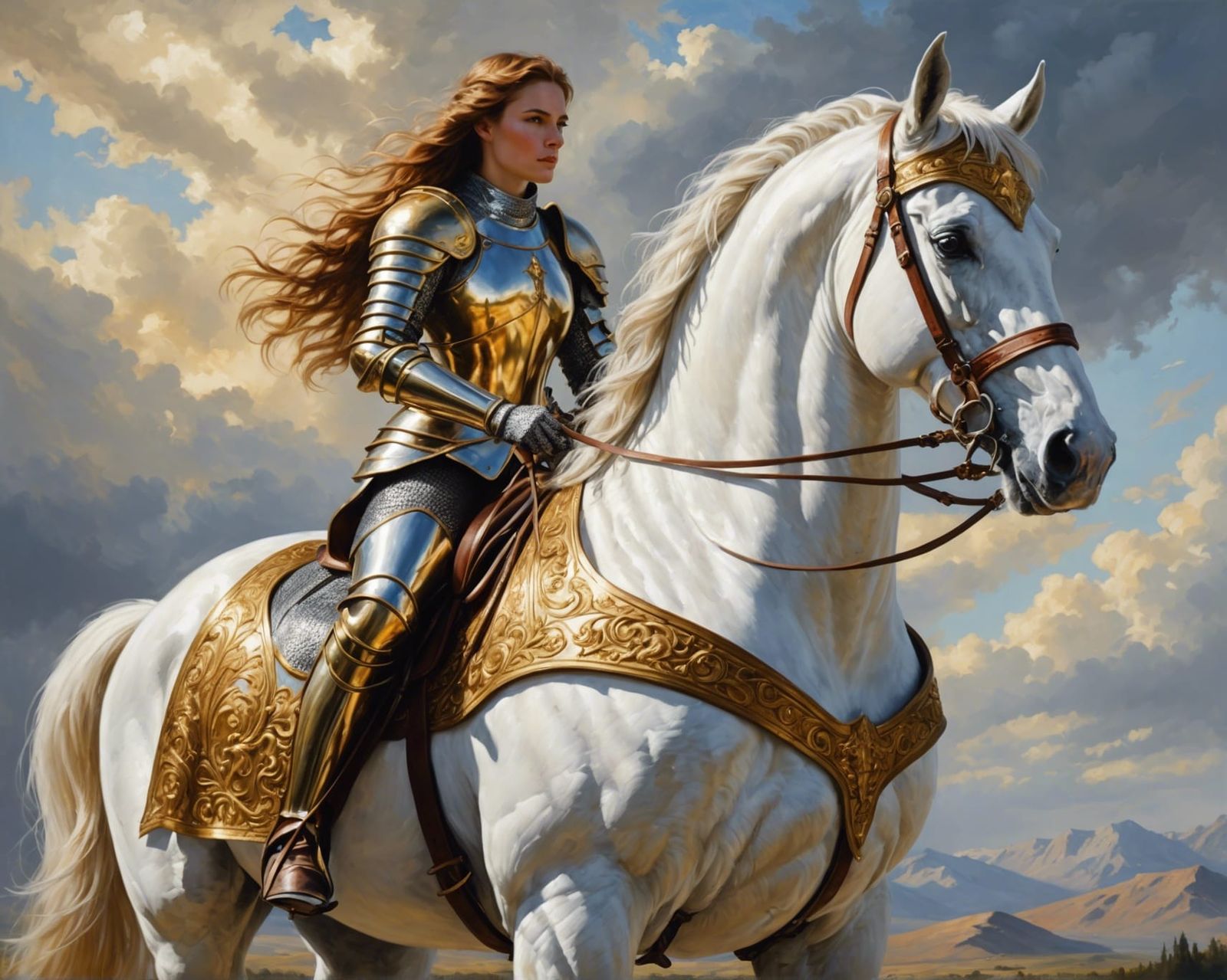 Horse arching his neck.  Womans hair move in the wind.