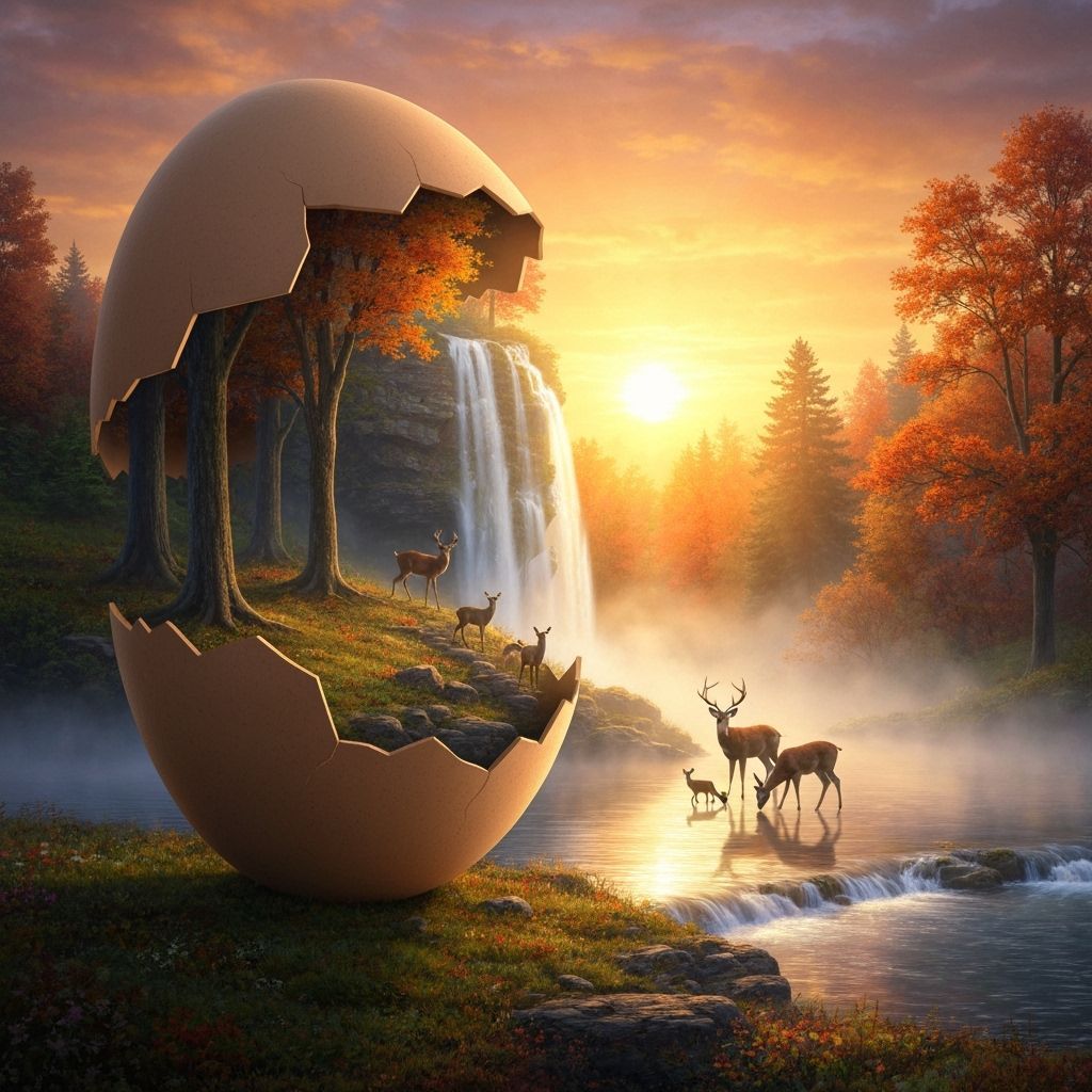 an egg metamorphosing into an autumnal forest with a waterfall and deer at sunrise oil painting by James Gurney 