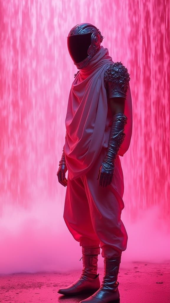 A model wearing my avant garde fashion designs. rocking out, banging thier head while listening to music.