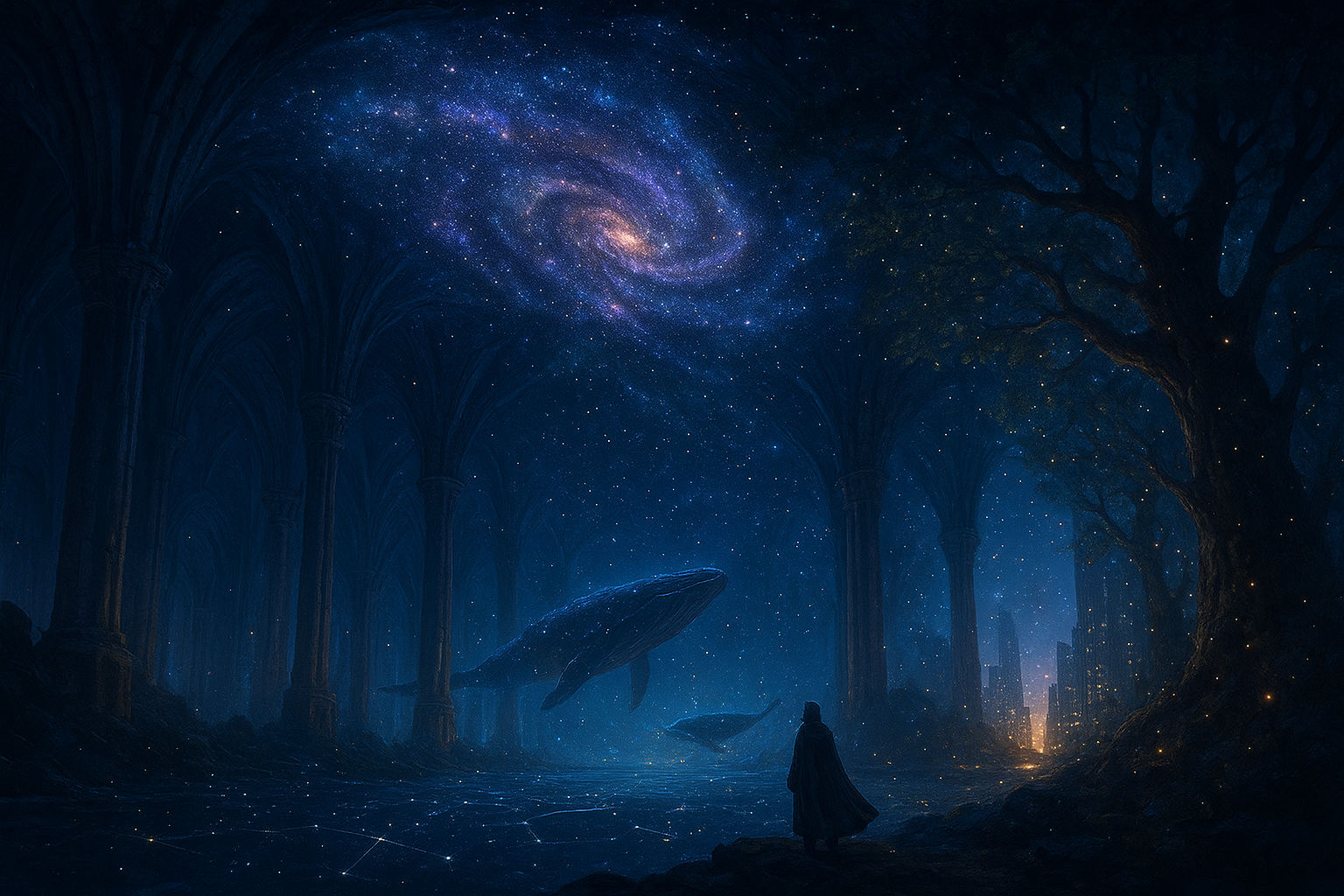 ---

Animation Prompt (Single Scene, Paradoxical Starry Sky)

A surreal, single-scene paradox: an underground cathedral cavern where the cei...