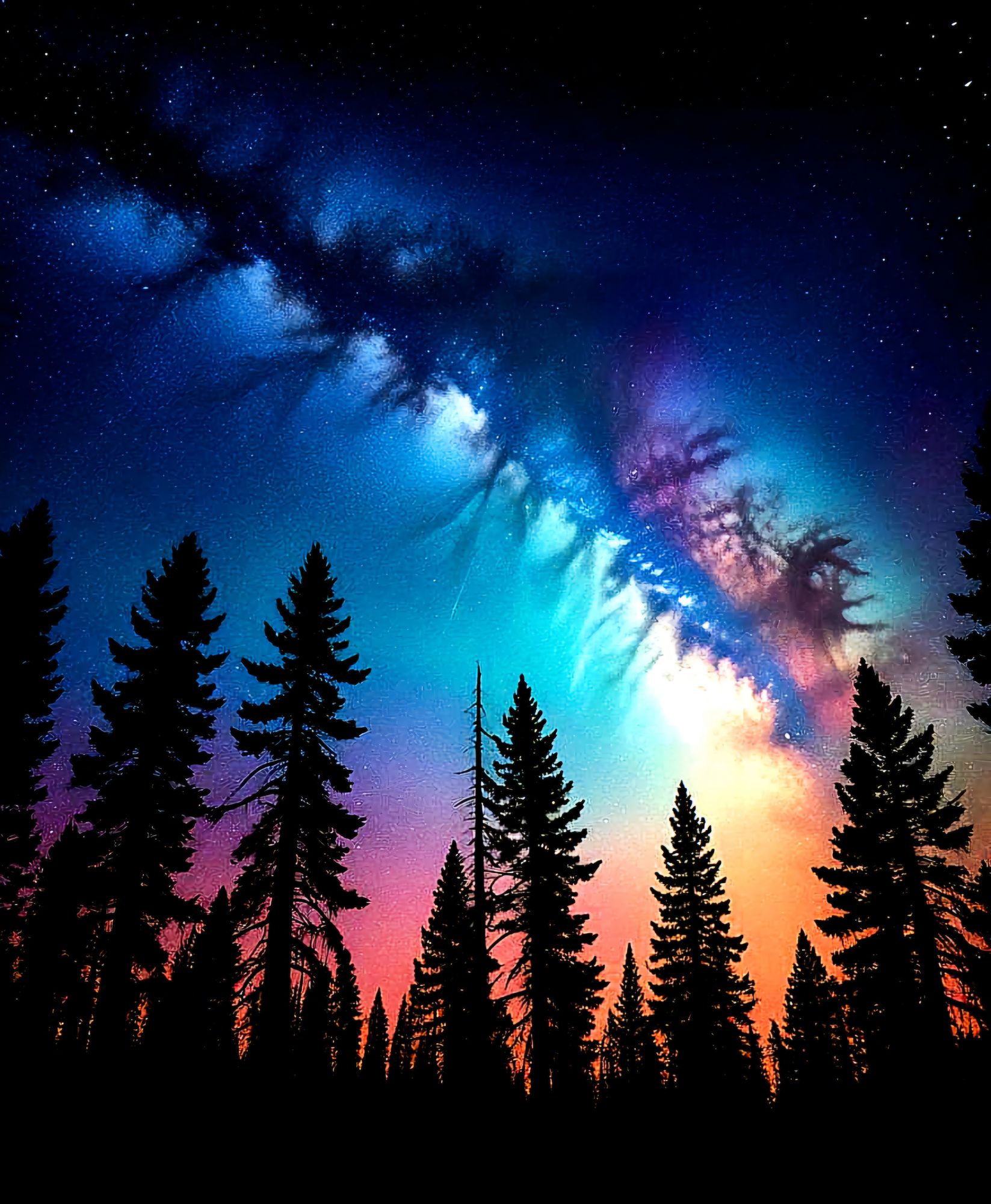 Make the milkyway vibrant over a castle in the valley with beautiful forest and flowers