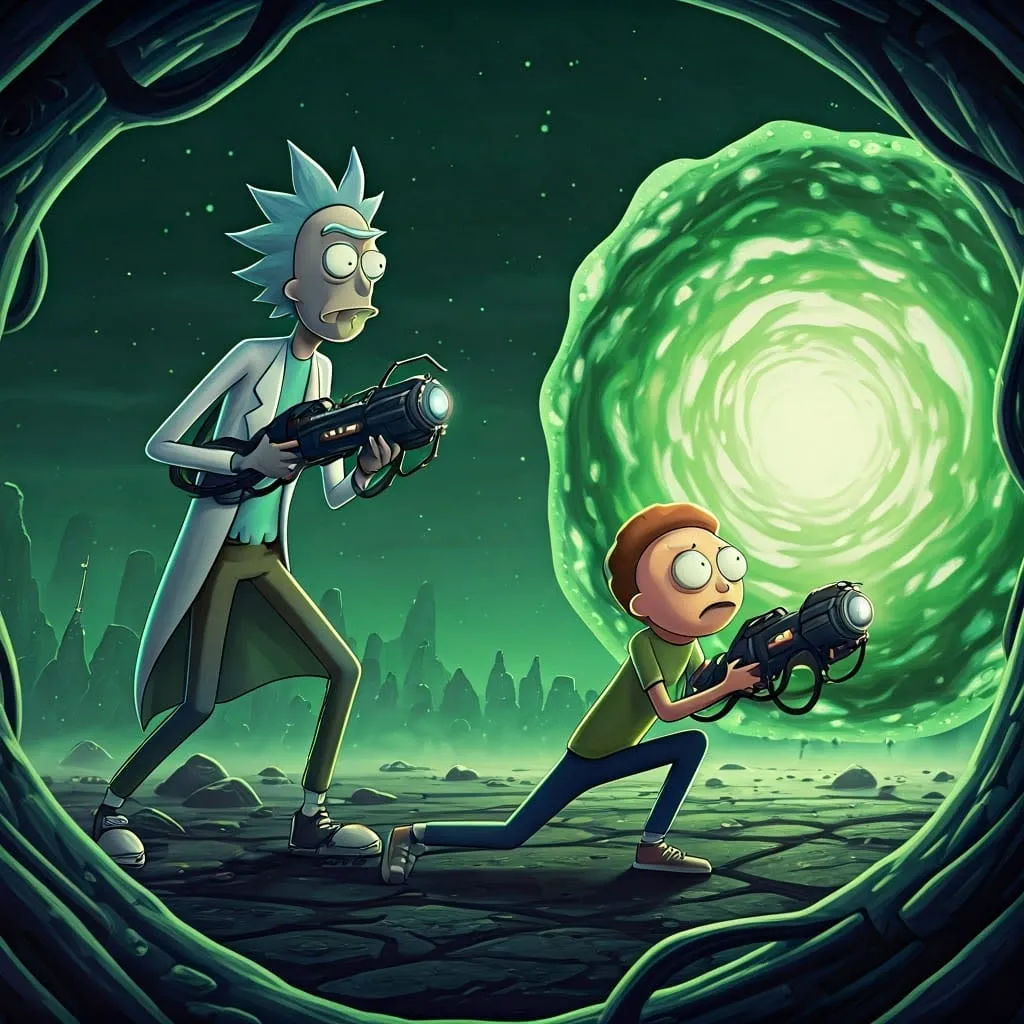 Rick and Morty exploring an outer awkward outta space. morty is haunted by creatures while rick it waitung next to the portal protecting mor...