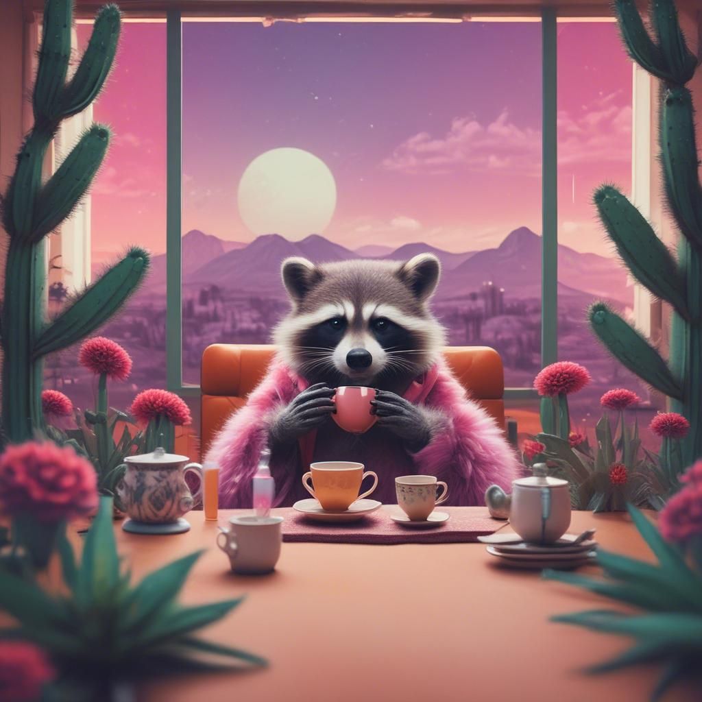 raccoon dressed in a luxurious pink fur coat, sitting at a table set for tea. The raccoon holds a pastel pink teacup with both paws, gazing...