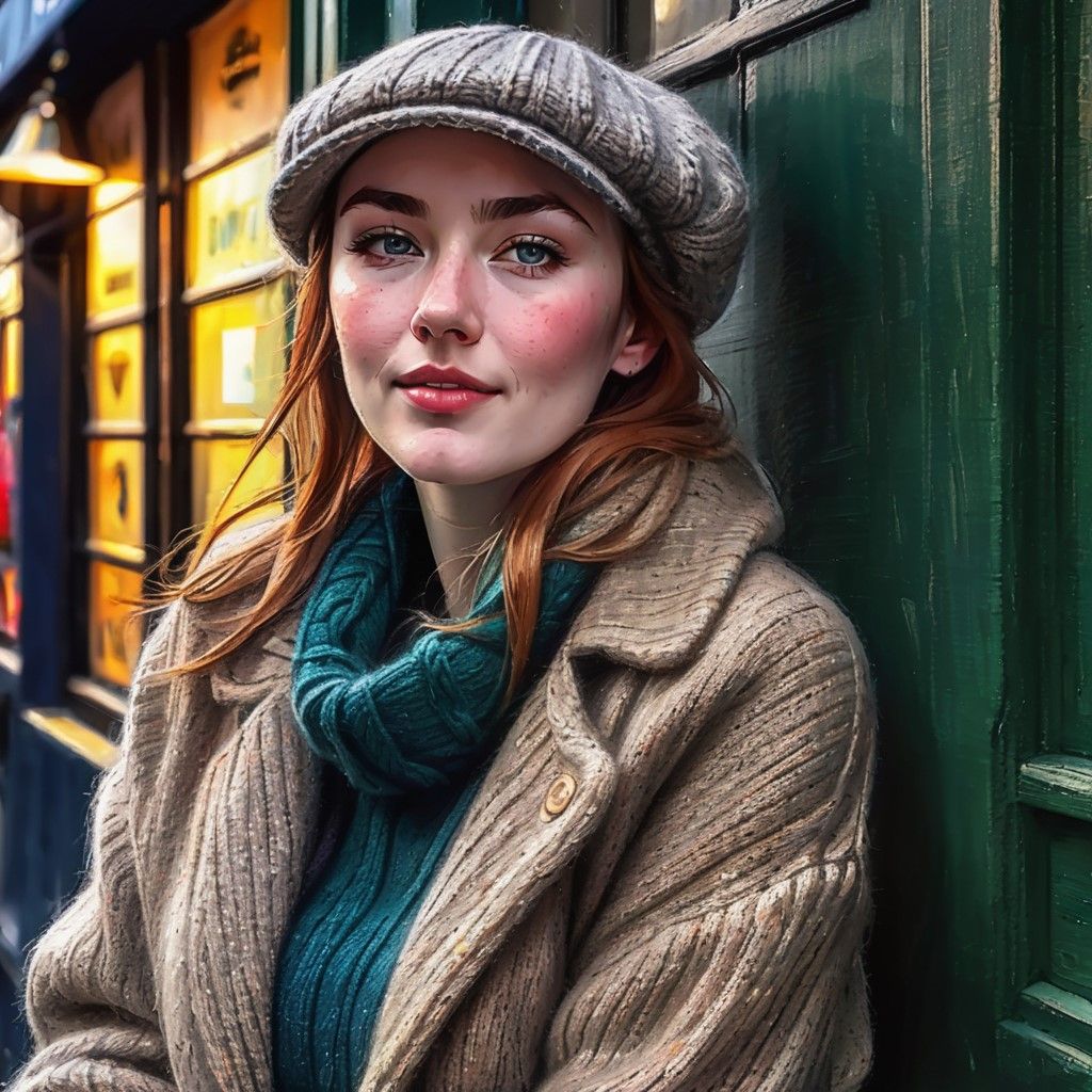 <lora:Oil-HD 2 Flux:1.0> Irish women outside a pub