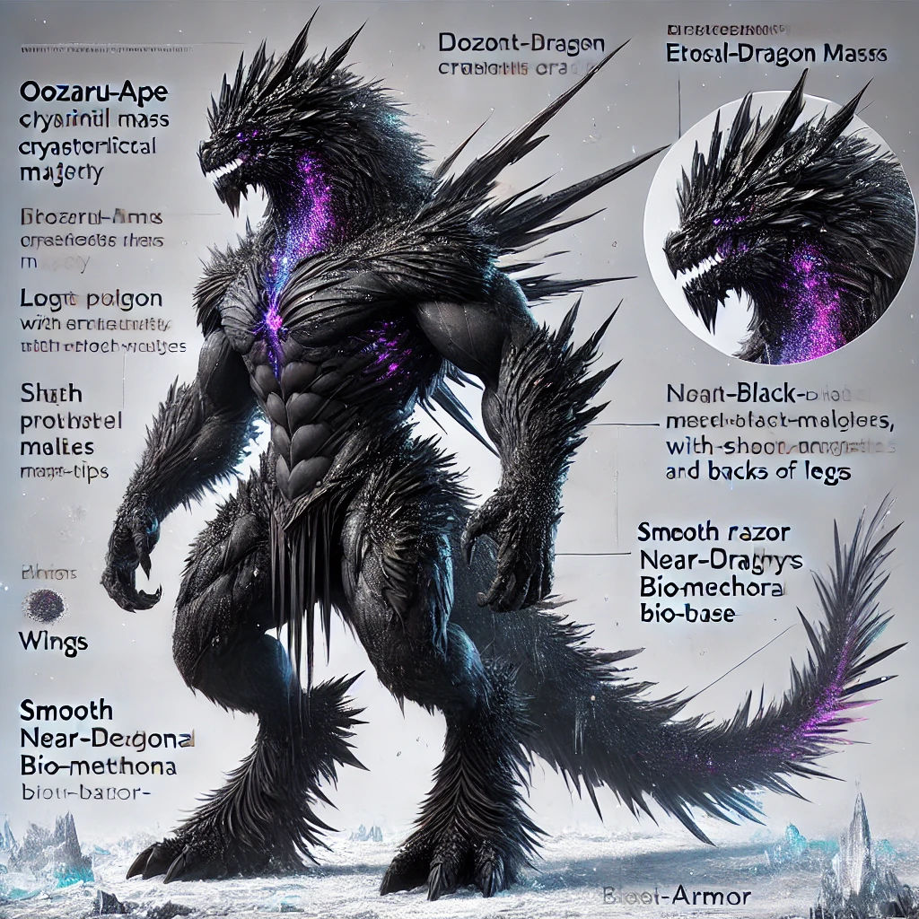 A colossal, ultra-muscular creature, inspired by an Oozaru Ape, possessing a towering and powerful stance. Its main surface color is a pure ...