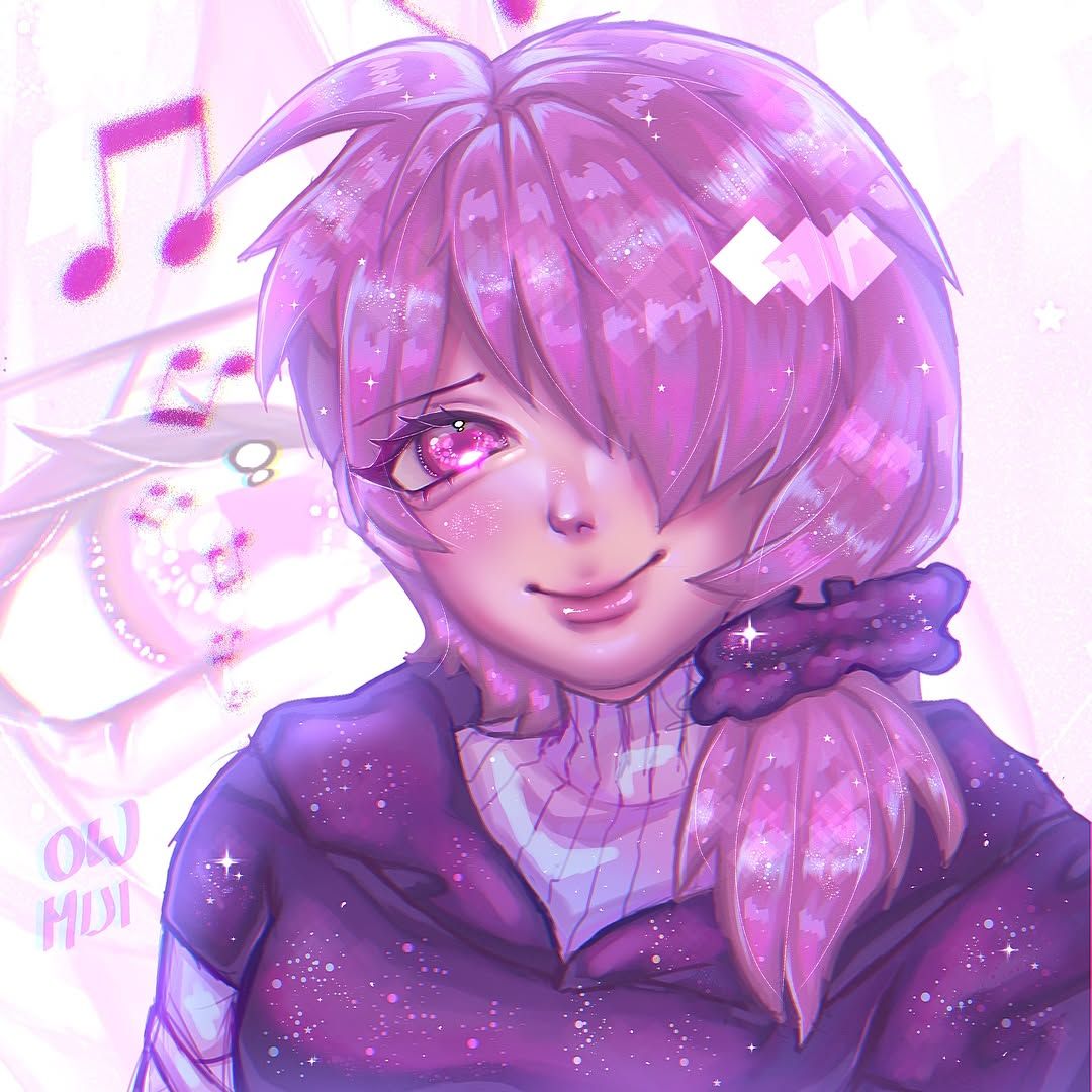 Cute girl sitting in a white void, blurred pixel decos in the background