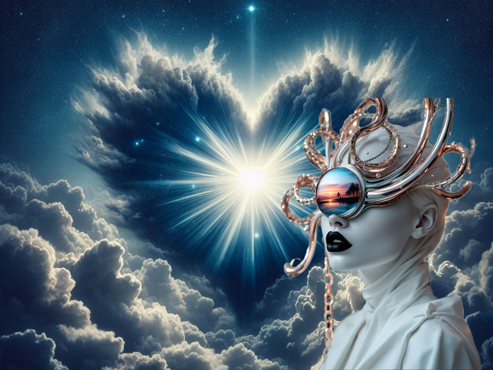 A surreal and futuristic fantasy scene featuring a stunning alabaster-skinned woman in a form-fitting gown with swirling chrome-metallic pat...