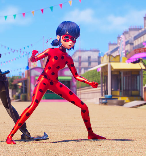 In a post-apocalyptic Paris Street(1.5), the hero Ladybug stands ready to fight, full body, her costume and mask are a dark maroon color wit...