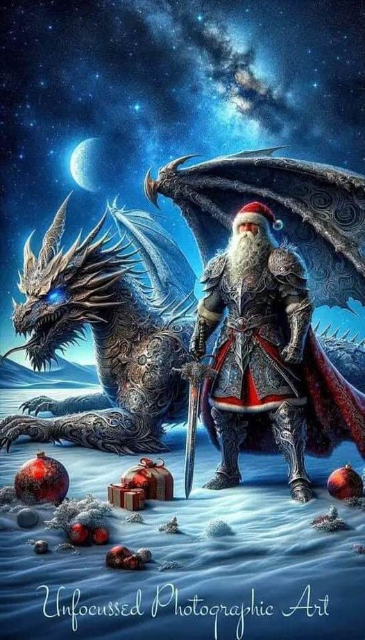 Santa Clause in medieval armor adorned with filigree  with a sword glowing red & white, on his head, he wears his typical Red and white hat....