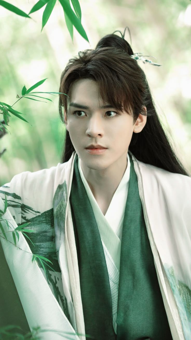 Edit the photo of Gong Jun to portray him as Yan, King of the Underworld. His skin is pale with a smooth porcelain-like texture, enhanced by...