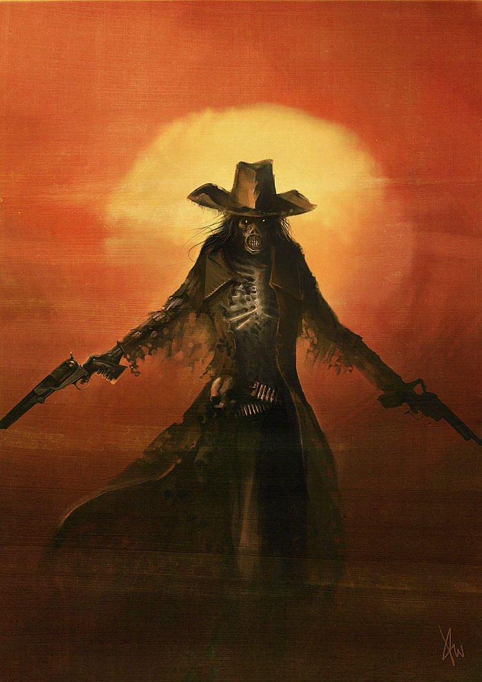 Black Amish Cowboy hat, Black long hair, black cloak, Sniper, Skeleton, Grim reaper, glowing eyes, alone, dessert, one person, ghostly, aimi...
