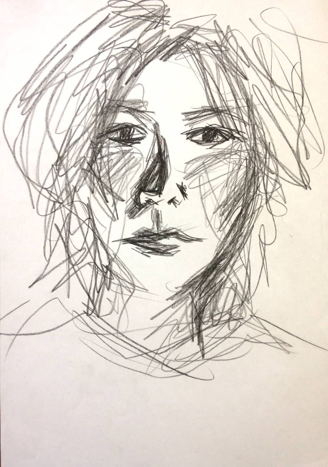 Dark brown eyes woman with redhead with some hairs coloured in blue, painting a portait, artist with an aura of passion, provocative stare,...