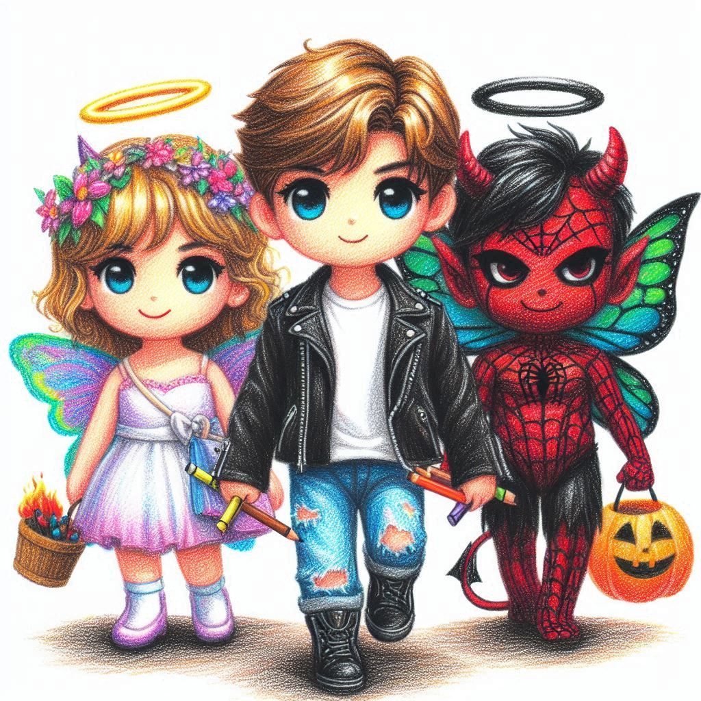 Imagine a child's art, vividly colored with wax crayon and pencil: it depicts a unique and cheerful gathering. A kawaii figure dressed like...