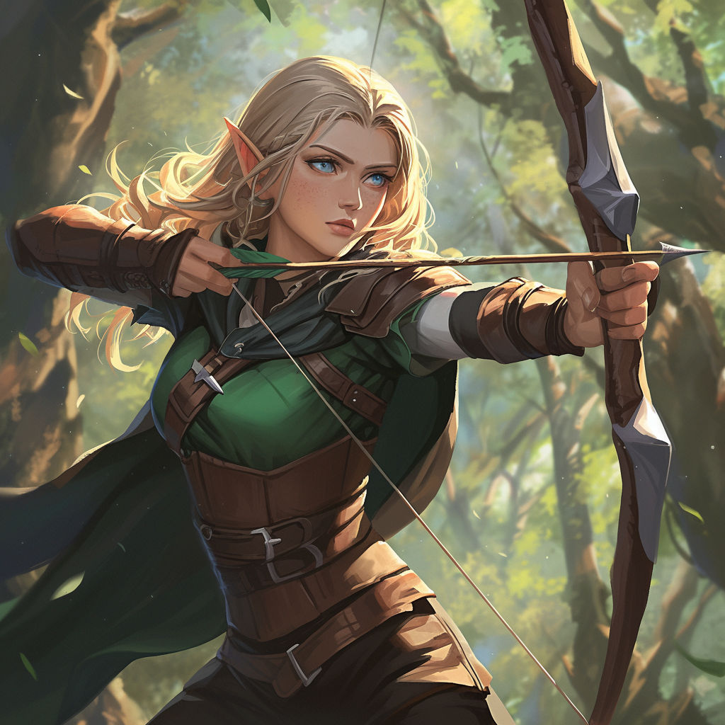fantasy setting, anime art style, style of dungeons and dragons, elf, female, ranger and hunter, blond hair, blue eyes, green and brown outf...