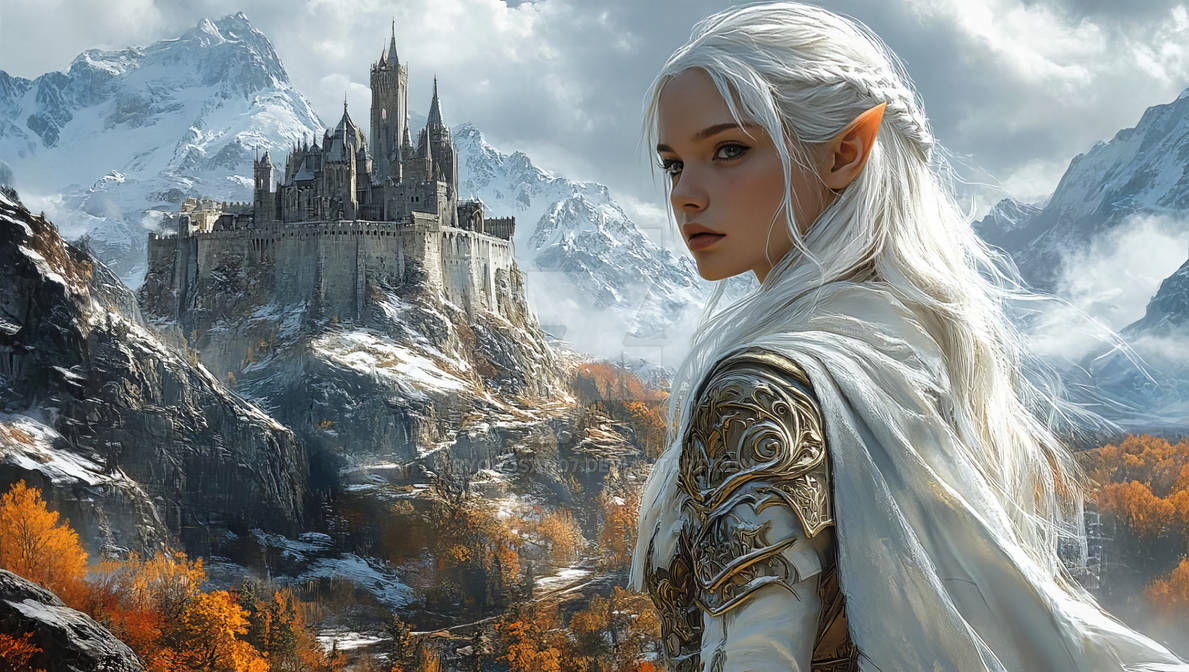 fantasy setting, dungeons and dragons look and feel, Vaesen art style, pastel colors, female elf, silver hair, blue eyes, silver armor and w...