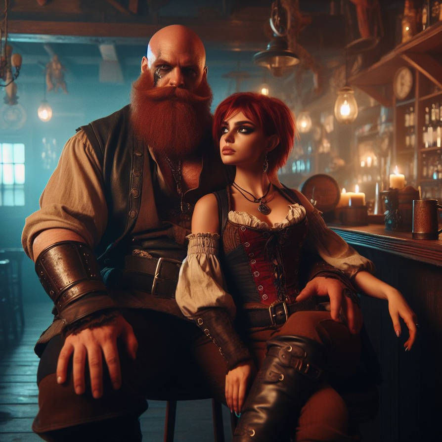 fantasy setting, dungeons and dragons look and feel, Vaesen art style, painting format, a romantic couple, an bald man with a long beard, a ...
