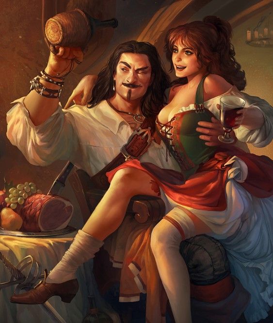 fantasy setting, dungeons and dragons look and feel, Vaesen art style, painting format, man and tavern wench celebrating with a drink, woman...
