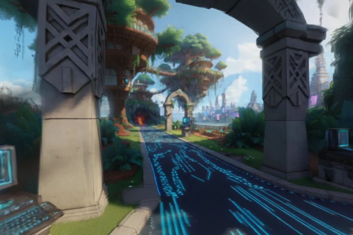 The scene is a fantastical landscape blending ancient architecture with futuristic technology, rendered in a vibrant, stylized manner with a...