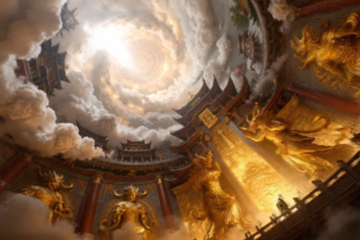 The scene is a fantastical temple, rendered in a cinematic style, evoking a sense of ancient power and divine grandeur. The overall tone is ...