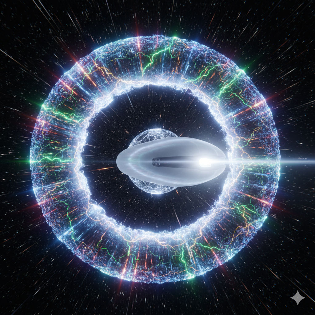 Scene Description

A seamless, matte-white, ellipsoidal craft (“The Tic Tac”), designed in semi minimalist style is instantly extruded and RailGun Projectile Inspired Tesla Coil Interstellar Enterprise Express Transport