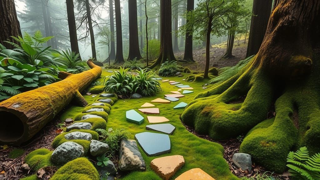 Lush forest scene in realistic style with serene mood. Winding pathway of colorful stepping stones (grey, yellow, blue, reddish-brown) throu...