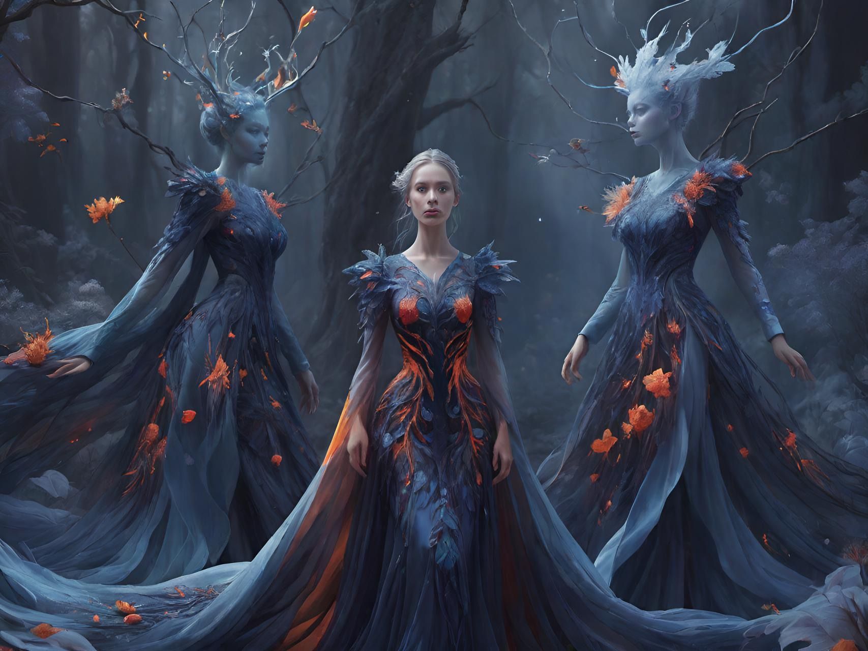 Close up portrait of a beautiful woman wearing an intricate transparent glass dress and glowing transparent glass jewelry. Dazzling night sk...