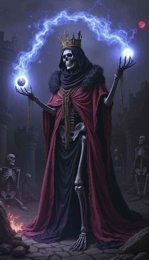 a lich, an unusually black skeleton opposed to the classic white one, with gold crown and tattered red king robes. he is in a crumbling thro...