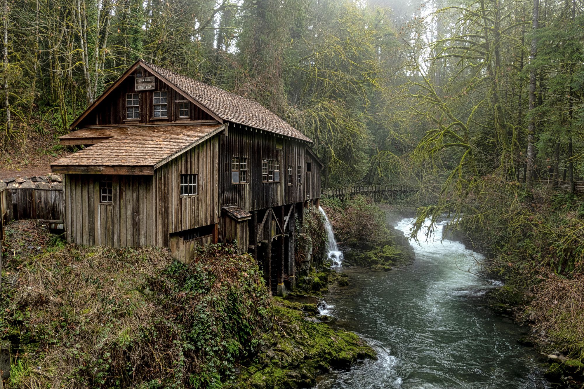 Create a detailed scene of a rustic wooden grain mill perched on a gentle hill beside a flowing creek, surrounded by dense, lush woods. The ...