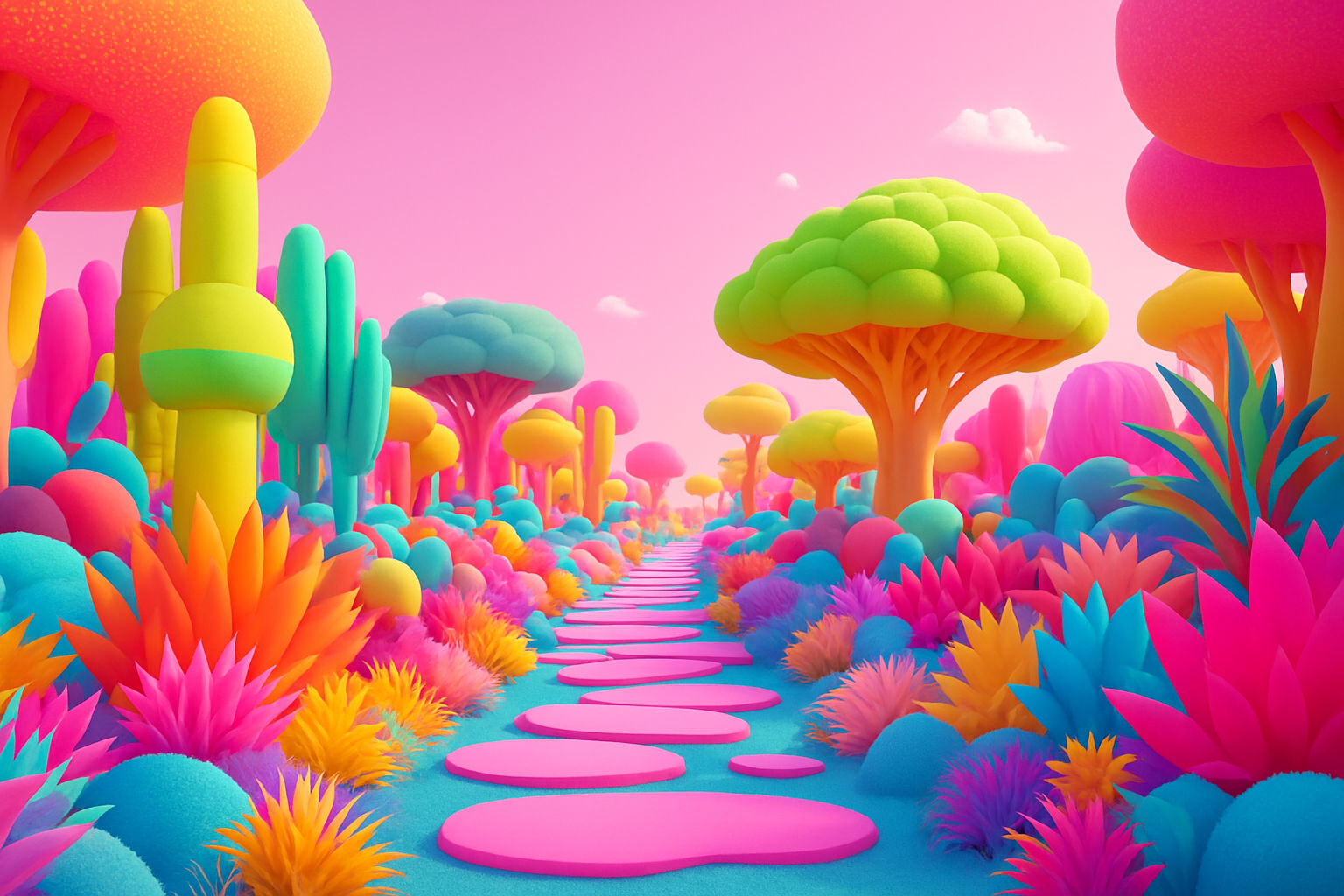 A highly realistic photo with one-point perspective of a straight river path through a surreal dream-like landscape. River water is colored ... - Start Image 2