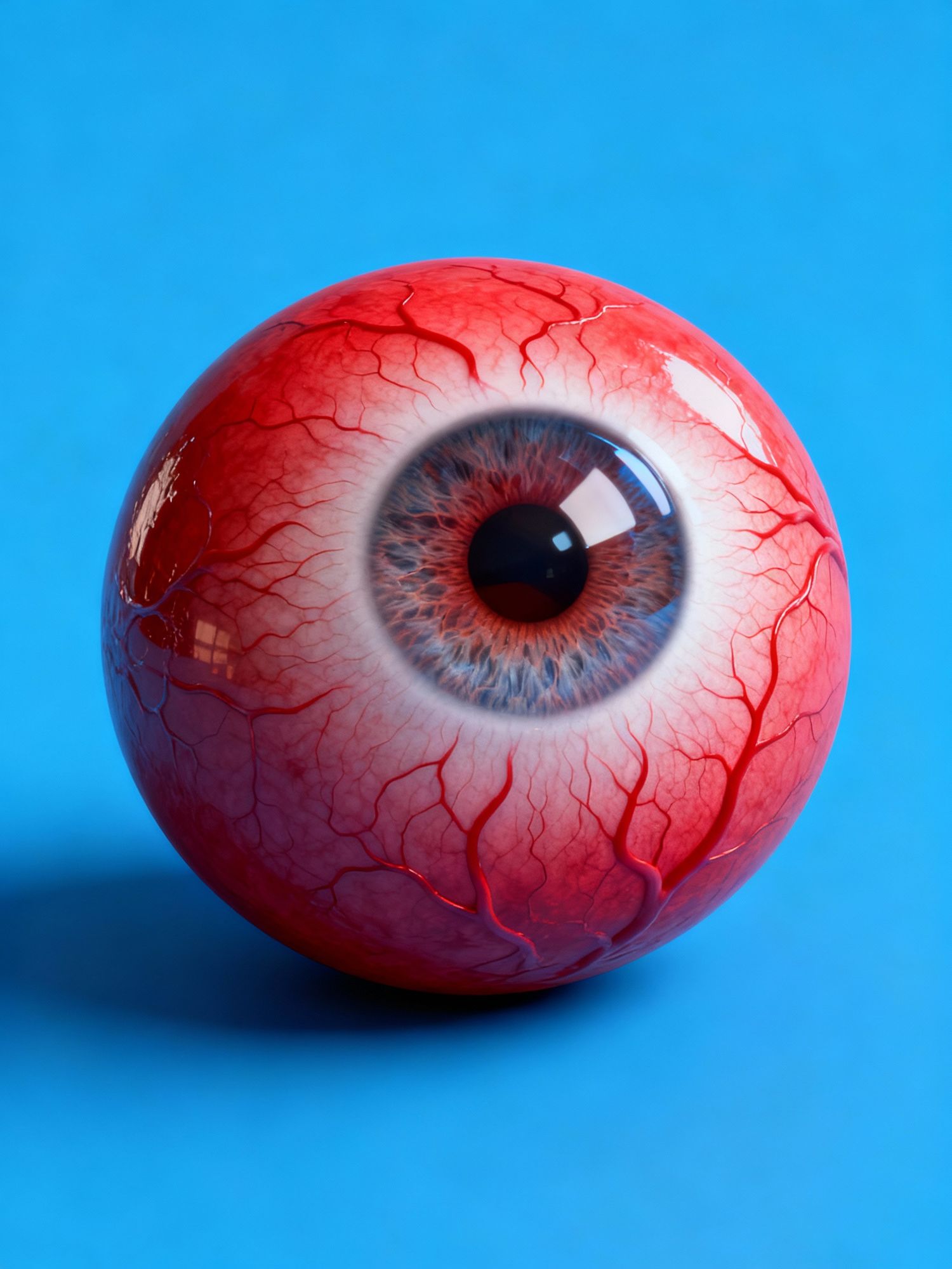 3d red ball shape with an ultra realistic wide open eye in it  - high details such as vessels, solid white background without shadows 