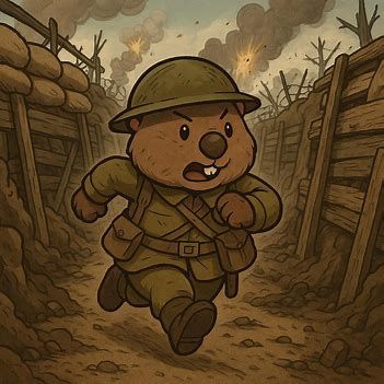 An anthropomorphic wombat soldier in WW1 running through the trenches as an explosion occurs behind them.

Tracking shot...