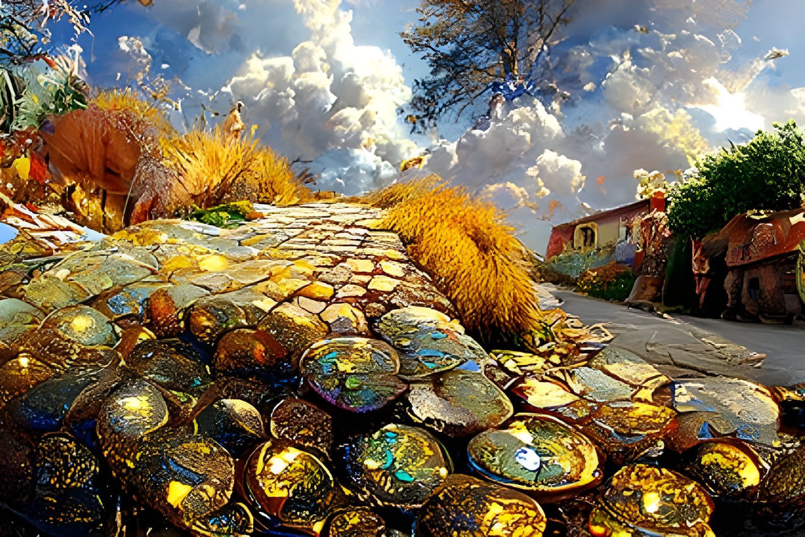 the yellow brick road that the Lilliputians made to find the wizard of Oz and the emerald city, By Thomas Kinkade, Dan witz, Dan mumford, an...